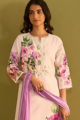 Floral Printed V-Neck Linen Straight Kurta With Trousers & Dupatta