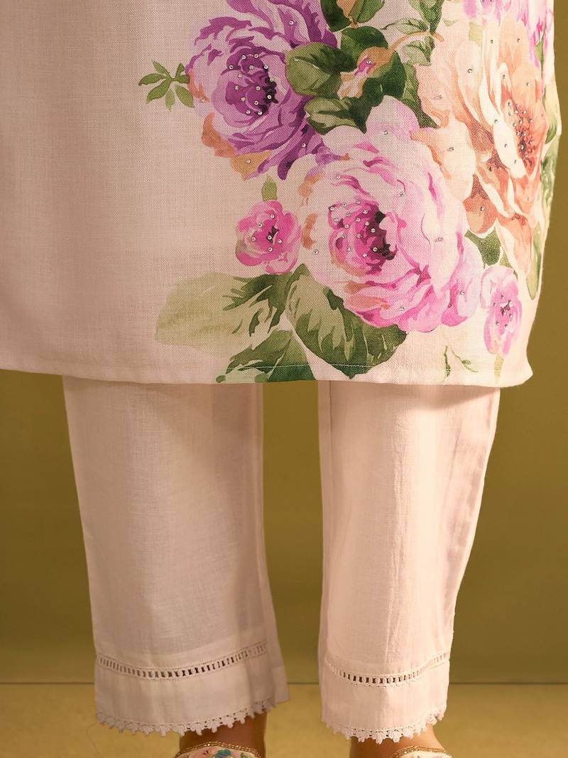 Floral Printed V-Neck Linen Straight Kurta With Trousers & Dupatta
