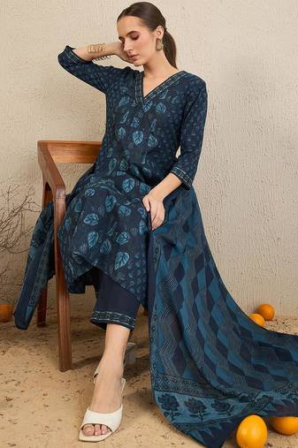 Floral Printed  Cotton Kurta With Trousers & Dupatta