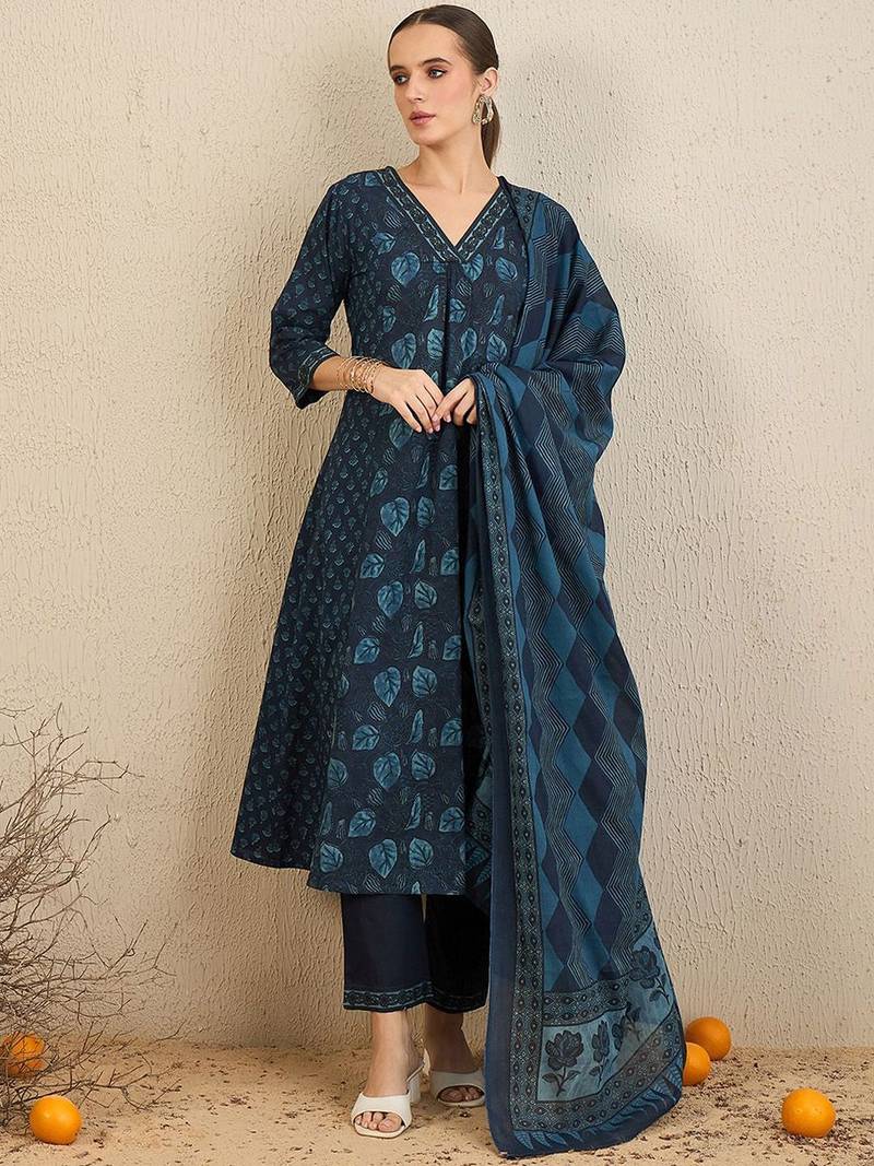 Floral Printed  Cotton Kurta With Trousers & Dupatta