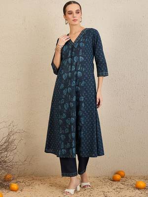 Floral Printed  Cotton Kurta With Trousers & Dupatta 6