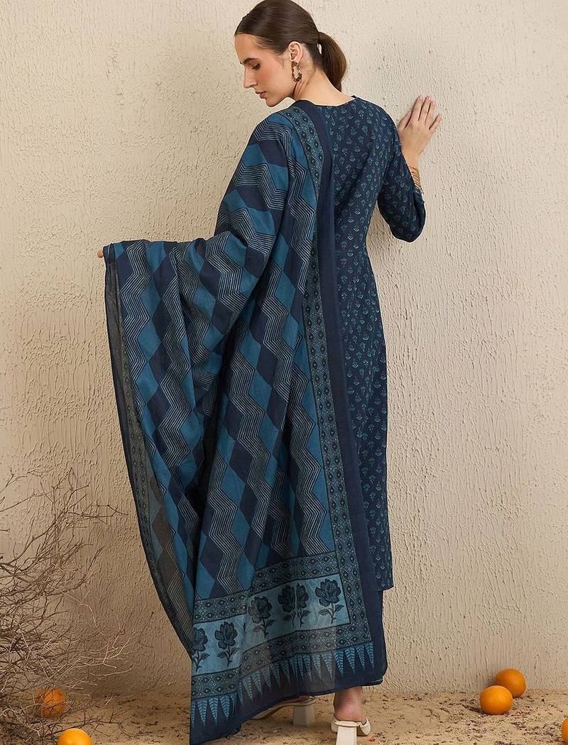 Floral Printed  Cotton Kurta With Trousers & Dupatta