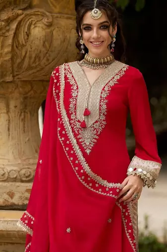Ethnic Motifs Embroidered V-Neck Mirror Work Kurta With Trousers & Dupatta