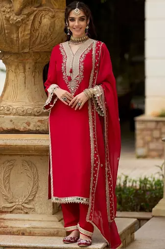 Ethnic Motifs Embroidered V-Neck Mirror Work Kurta With Trousers & Dupatta