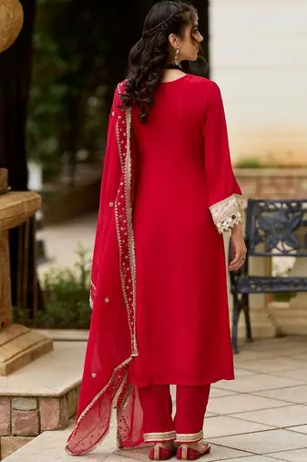 Ethnic Motifs Embroidered V-Neck Mirror Work Kurta With Trousers & Dupatta