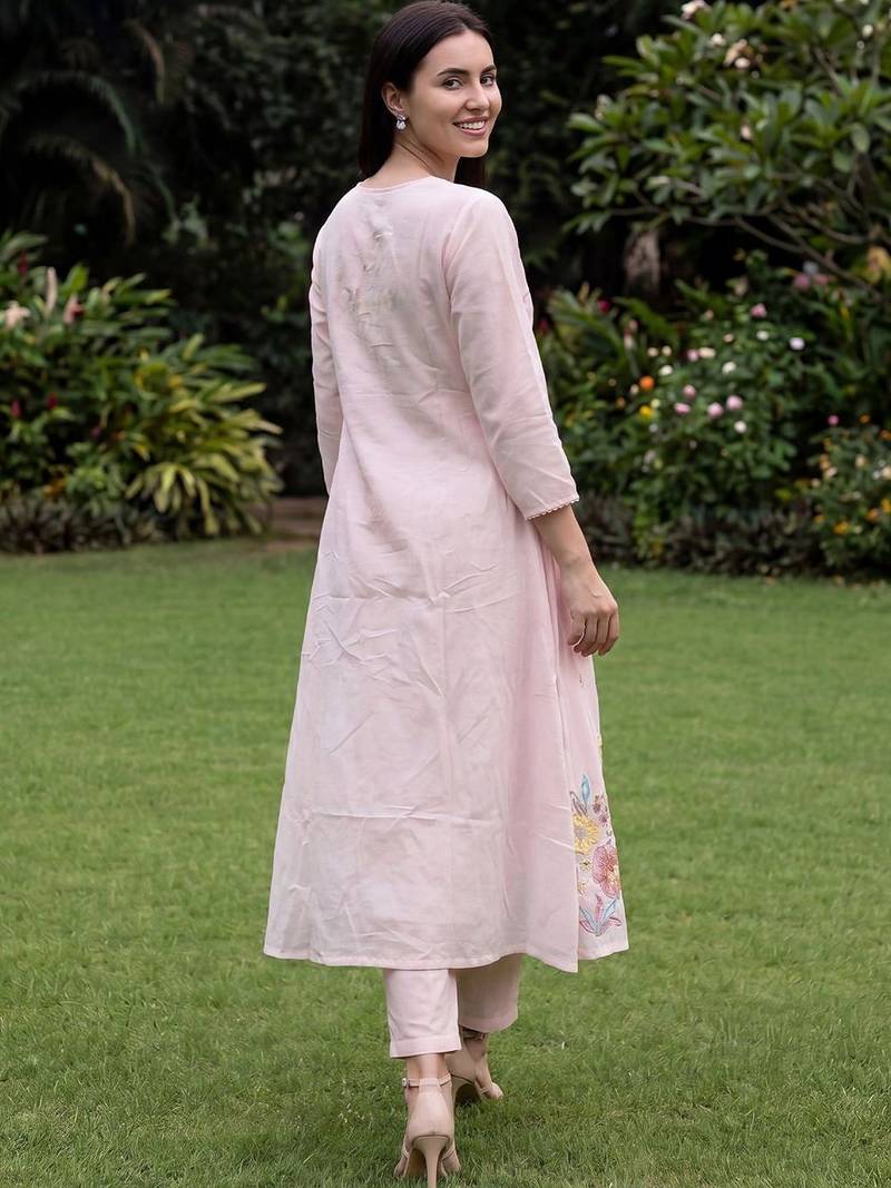 Women Floral Embroidered Empire Thread Work  Cotton Kurta with Trousers