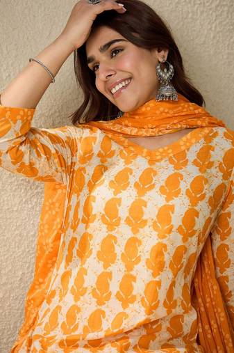 Paisley Printed V-Neck Cotton Straight Kurta With Trousers And Dupatta