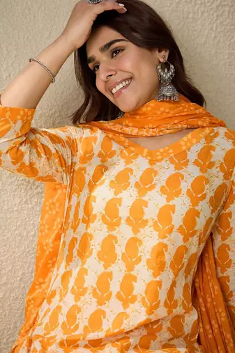 Paisley Printed V-Neck Pure Cotton Straight Kurta With Trousers And Dupatta
