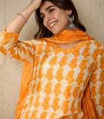 Paisley Printed V-Neck  Cotton Straight Kurta With Trousers And Dupatta