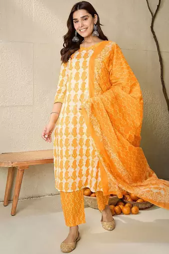 Paisley Printed V-Neck Pure Cotton Straight Kurta With Trousers And Dupatta