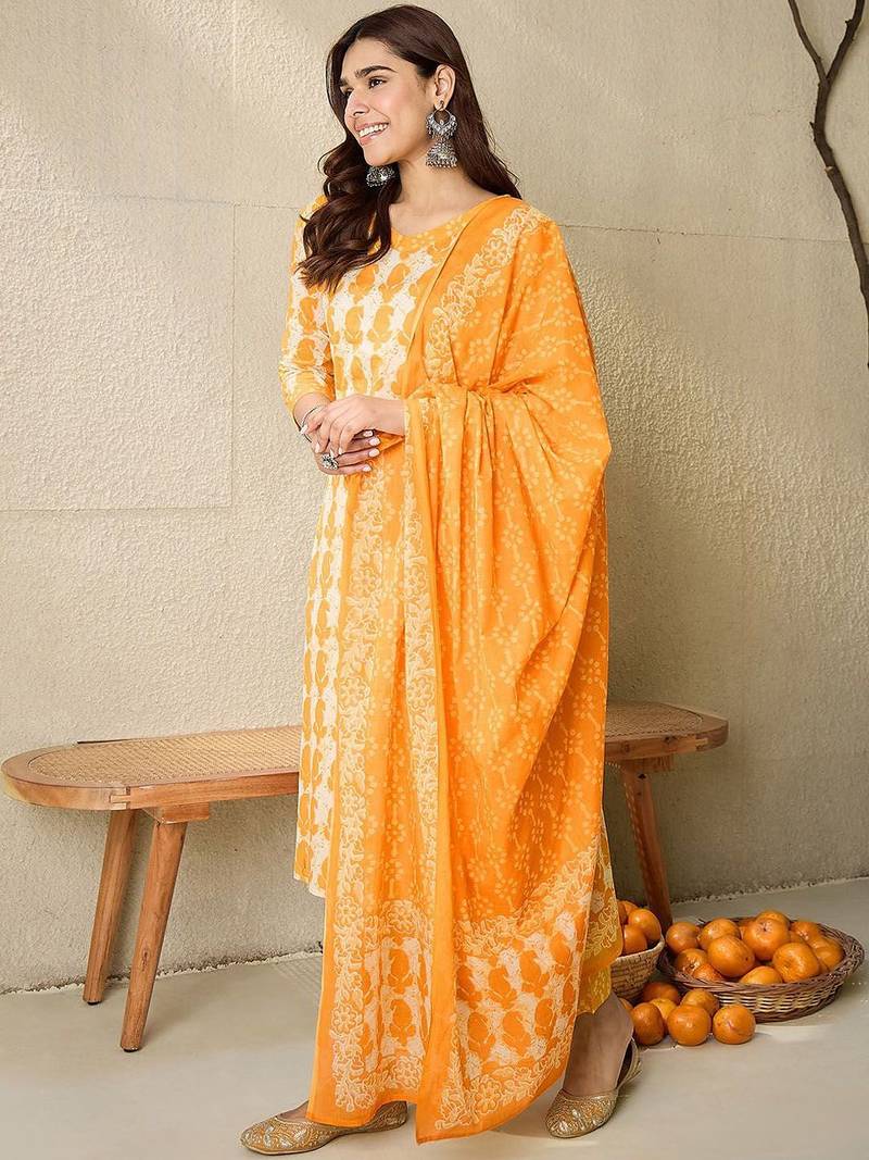 Paisley Printed V-Neck  Cotton Straight Kurta With Trousers And Dupatta