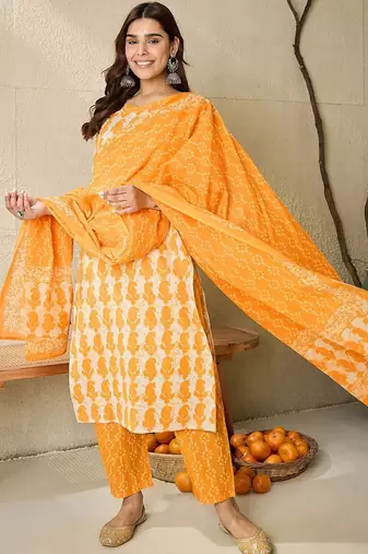 Paisley Printed V-Neck Pure Cotton Straight Kurta With Trousers And Dupatta