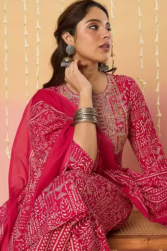 Women Ethnic Motifs Printed Regular Pure Cotton Kurta with Trousers & With Dupatta