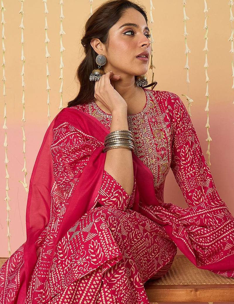 Women Ethnic Motifs Printed Regular Pure Cotton Kurta with Trousers & With Dupatta