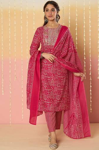 Women Ethnic Motifs Printed Regular  Cotton Kurta with Trousers & With Dupatta