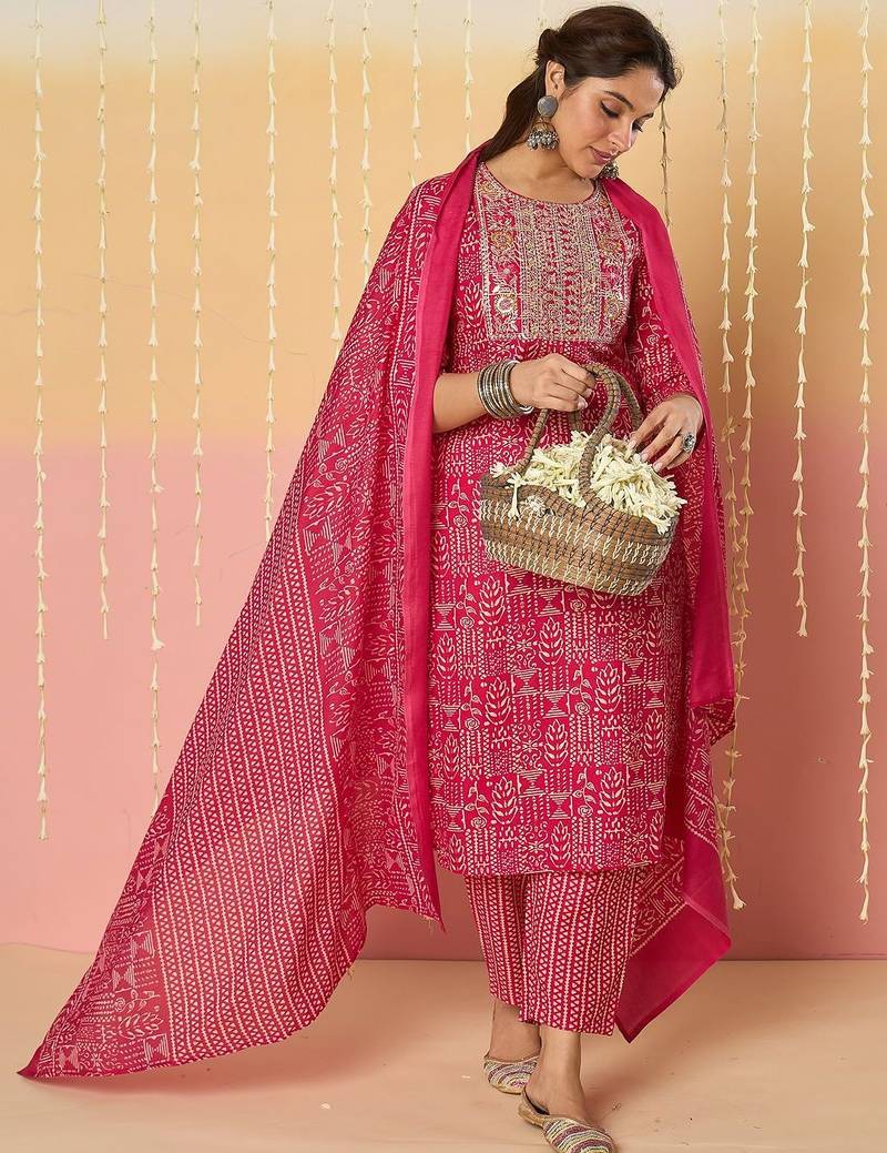 Women Ethnic Motifs Printed Regular Pure Cotton Kurta with Trousers & With Dupatta