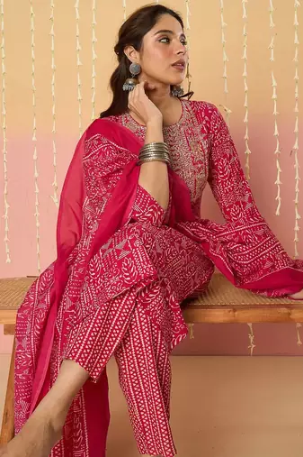Women Ethnic Motifs Printed Regular Pure Cotton Kurta with Trousers & With Dupatta