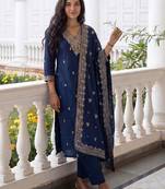 Women Ethnic Motifs Embroidered Regular Thread Work Kurta with Trousers & With Dupatta