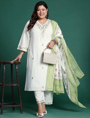 Plus Size White Embroidered Straight Kurta Trousers With Dupatta Set 1