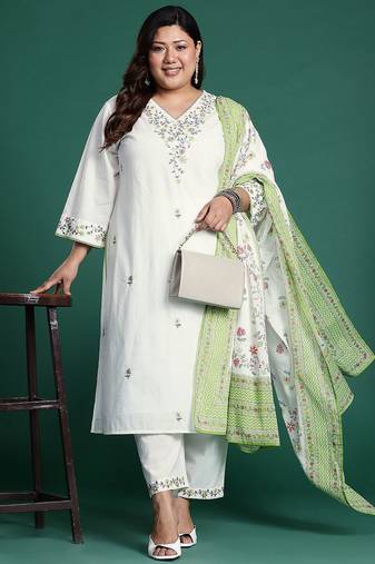 Plus Size White Embroidered Straight Kurta Trousers With Dupatta Set