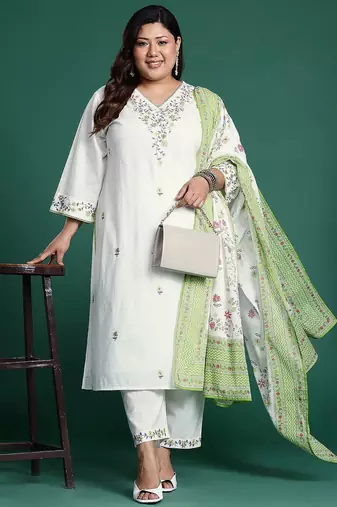 Plus Size White Embroidered Straight Kurta Trousers With Dupatta Set