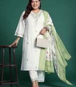 Plus Size White Embroidered Straight Kurta Trousers With Dupatta Set