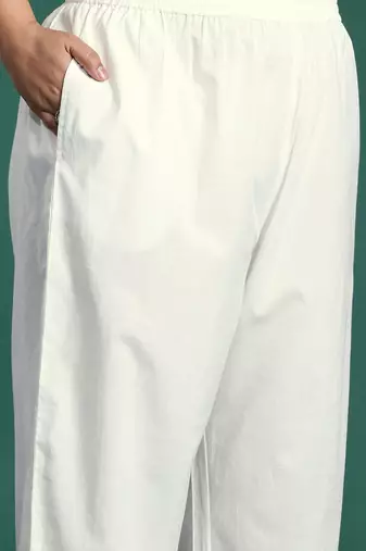 Plus Size White Embroidered Straight Kurta Trousers With Dupatta Set