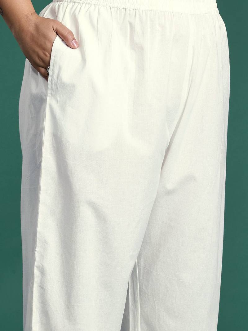 Plus Size White Embroidered Straight Kurta Trousers With Dupatta Set