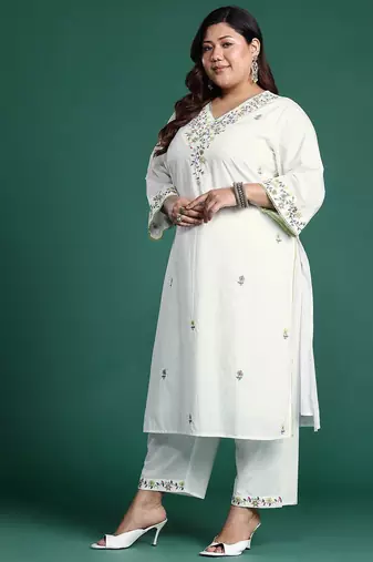 Plus Size White Embroidered Straight Kurta Trousers With Dupatta Set