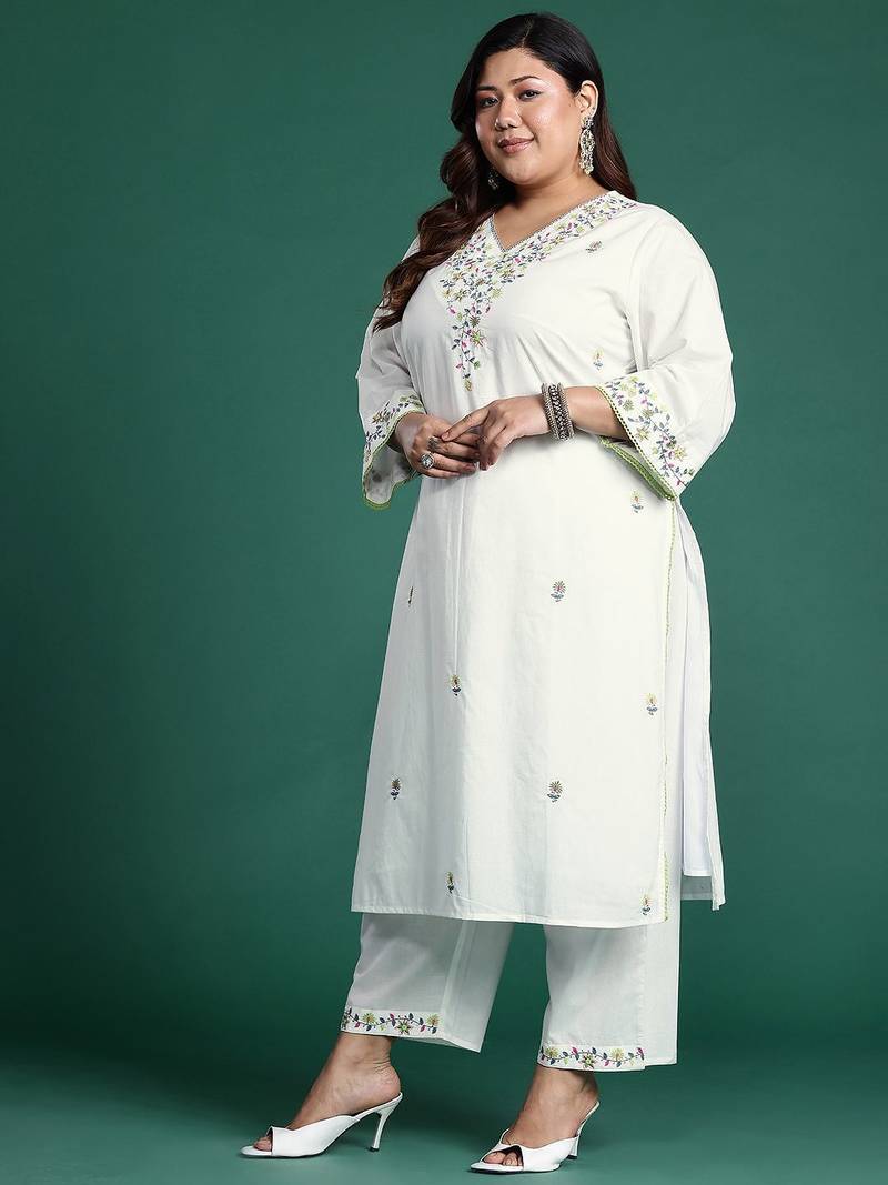 Plus Size White Embroidered Straight Kurta Trousers With Dupatta Set