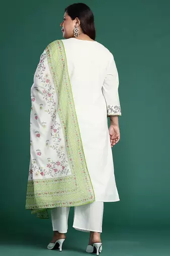 Plus Size White Embroidered Straight Kurta Trousers With Dupatta Set