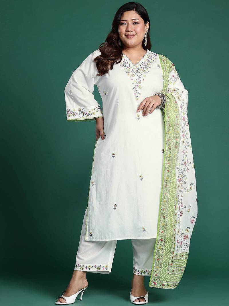 Plus Size White Embroidered Straight Kurta Trousers With Dupatta Set
