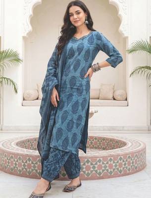 Women Ethnic Motifs Printed Regular Sequinned  Cotton Kurta with Salwar & With Dupatta 1
