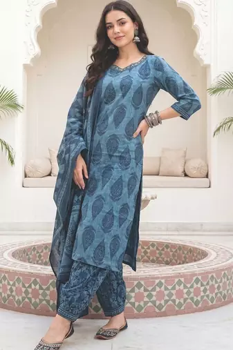 Women Ethnic Motifs Printed Regular Sequinned  Cotton Kurta with Salwar & With Dupatta