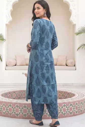Women Ethnic Motifs Printed Regular Sequinned  Cotton Kurta with Salwar & With Dupatta