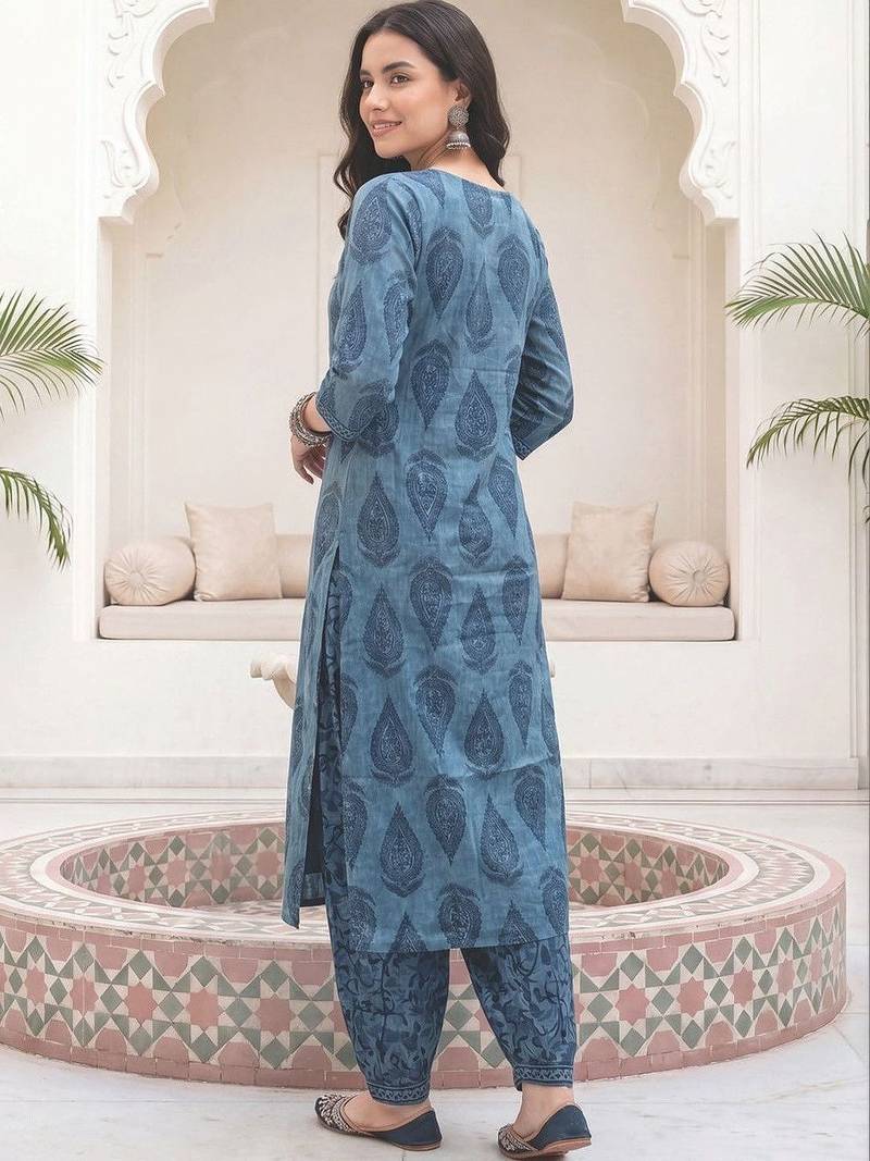 Women Ethnic Motifs Printed Regular Sequinned  Cotton Kurta with Salwar & With Dupatta
