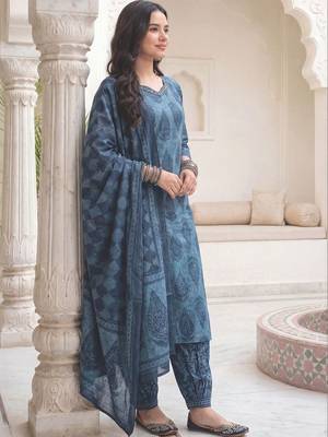 Women Ethnic Motifs Printed Regular Sequinned  Cotton Kurta with Salwar & With Dupatta 4