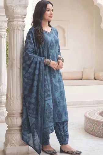Women Ethnic Motifs Printed Regular Sequinned  Cotton Kurta with Salwar & With Dupatta