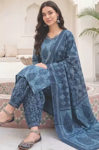 Women Ethnic Motifs Printed Regular Sequinned  Cotton Kurta with Salwar & With Dupatta