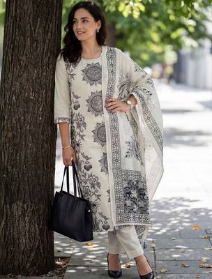 Women Ethnic Motifs Printed Regular Thread Work  Cotton Kurta with Trousers & With Dupatta 1
