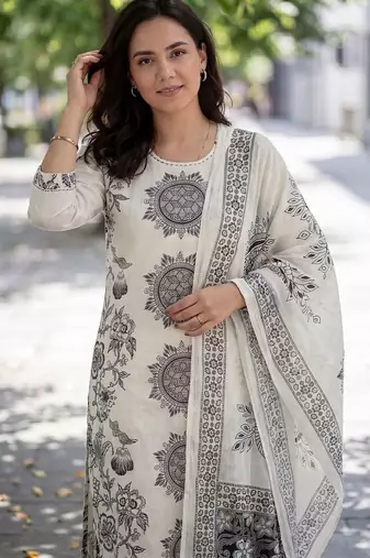 Women Ethnic Motifs Printed Regular Thread Work Pure Cotton Kurta with Trousers & With Dupatta