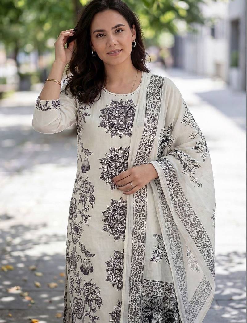 Women Ethnic Motifs Printed Regular Thread Work  Cotton Kurta with Trousers & With Dupatta