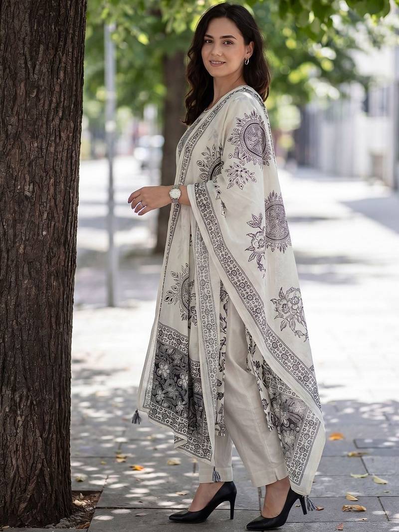 Women Ethnic Motifs Printed Regular Thread Work  Cotton Kurta with Trousers & With Dupatta