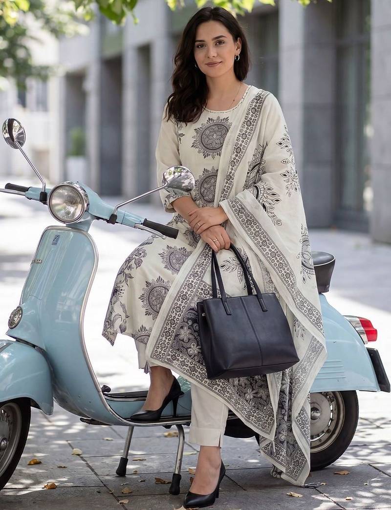 Women Ethnic Motifs Printed Regular Thread Work  Cotton Kurta with Trousers & With Dupatta