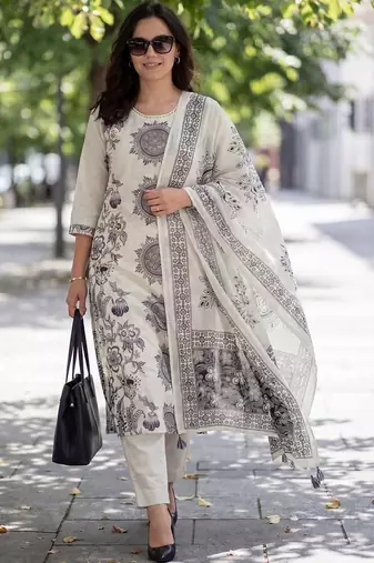 Women Ethnic Motifs Printed Regular Thread Work Pure Cotton Kurta with Trousers & With Dupatta