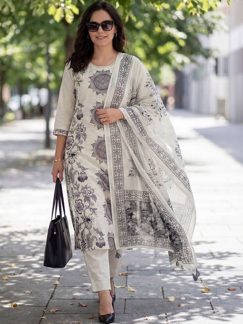 Women Ethnic Motifs Printed Regular Thread Work  Cotton Kurta with Trousers & With Dupatta