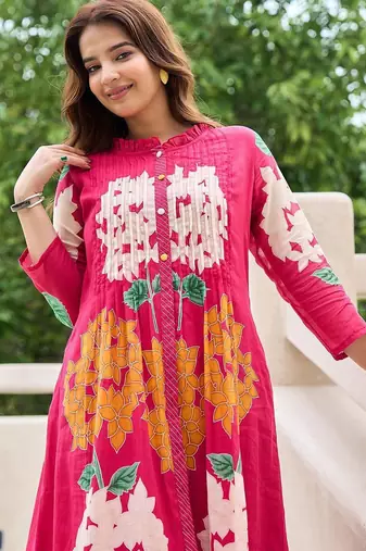 Floral Printed Mandarin Collar Pleated  Cotton A-Line Kurta With Trousers