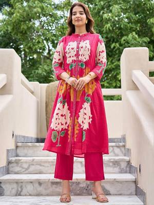 Floral Printed Mandarin Collar Pleated  Cotton A-Line Kurta With Trousers 1