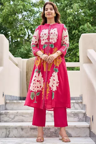 Floral Printed Mandarin Collar Pleated  Cotton A-Line Kurta With Trousers