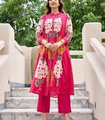 Floral Printed Mandarin Collar Pleated  Cotton A-Line Kurta With Trousers